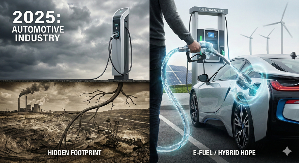 Eine konzeptionelle Split-Screen-Illustration, die die Automobilindustrie im Jahr 2025 kritisch beleuchtet. Die linke, düstere Bildhälfte zeigt eine E-Auto-Ladestation, deren Kabelwurzeln tief in den Boden reichen und einen massiven Tagebau sowie ein rauchendes Kohlekraftwerk enthüllen, beschriftet mit "HIDDEN FOOTPRINT". Die rechte, helle Bildhälfte zeigt einen modernen Hybrid-Sportwagen, der mit leuchtendem, klarem synthetischem E-Fuel betankt wird, beschriftet mit "E-FUEL / HYBRID HOPE", vor einem Hintergrund aus Windrädern und Solaranlagen.