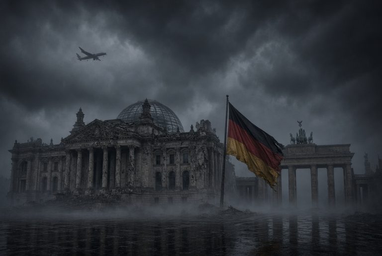 vom Sturm umhüllter Reichstag mit rissiger Fassade, schlaffer schwarz-rot-goldener Flagge, Brandenburger Tor im Nebel und einem Flugzeug, das in dunkle Wolken fliegt.