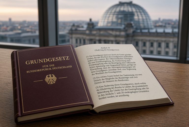 Aufgeschlagenes Grundgesetz, Artikel 79 zur Änderung der Verfassung, im Hintergrund die Reichstagskuppel in Berlin