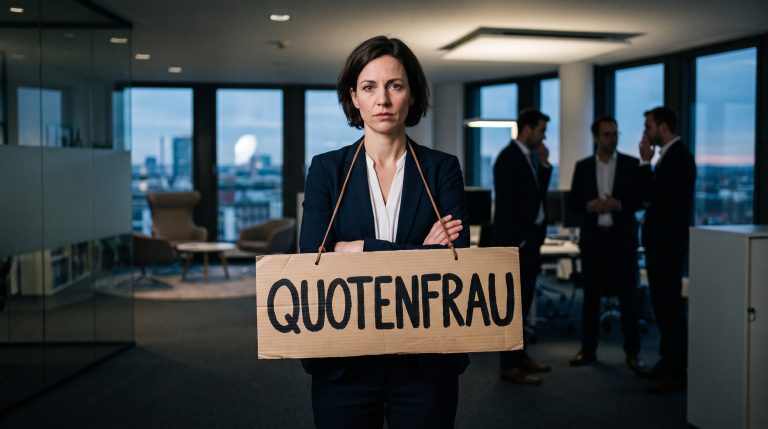 Ernste Geschäftsfrau hält ein Pappschild mit der Aufschrift Quotenfrau vor ihren Kollegen.