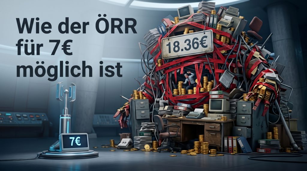 Grafischer Vergleich: Ein schlanker, moderner Sendemast für 7 Euro Rundfunkbeitrag steht einem gigantischen, bürokratischen Akten- und Geldberg für 18,36 Euro gegenüber.